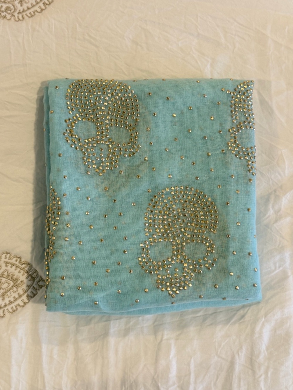Turquoise Crystal Skull Scarf NWOT